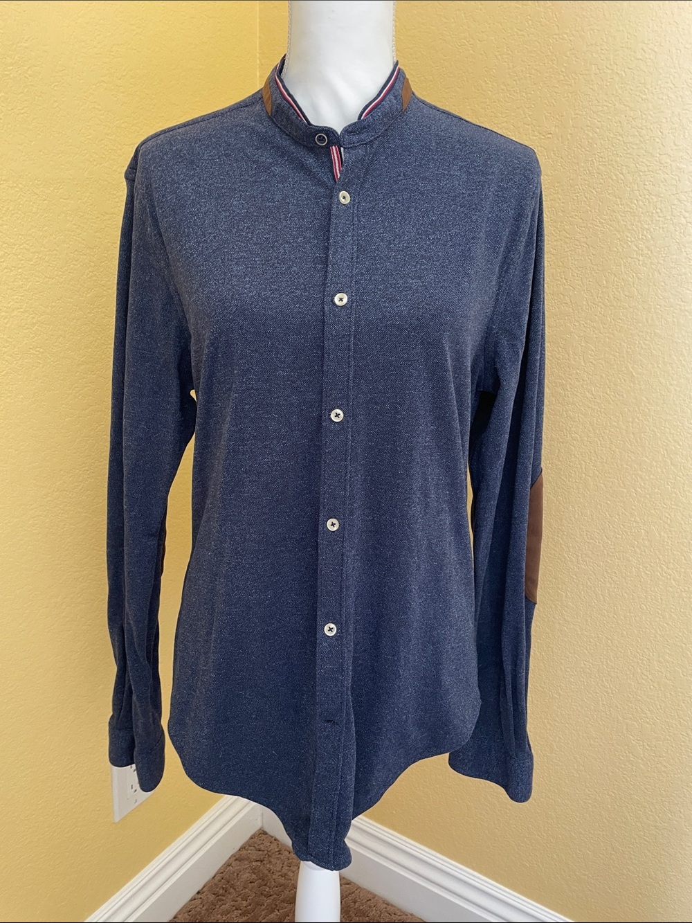 Zara Navy Long-Sleeve Button-Down Shirt with Brown Elbow Patches. SZ L